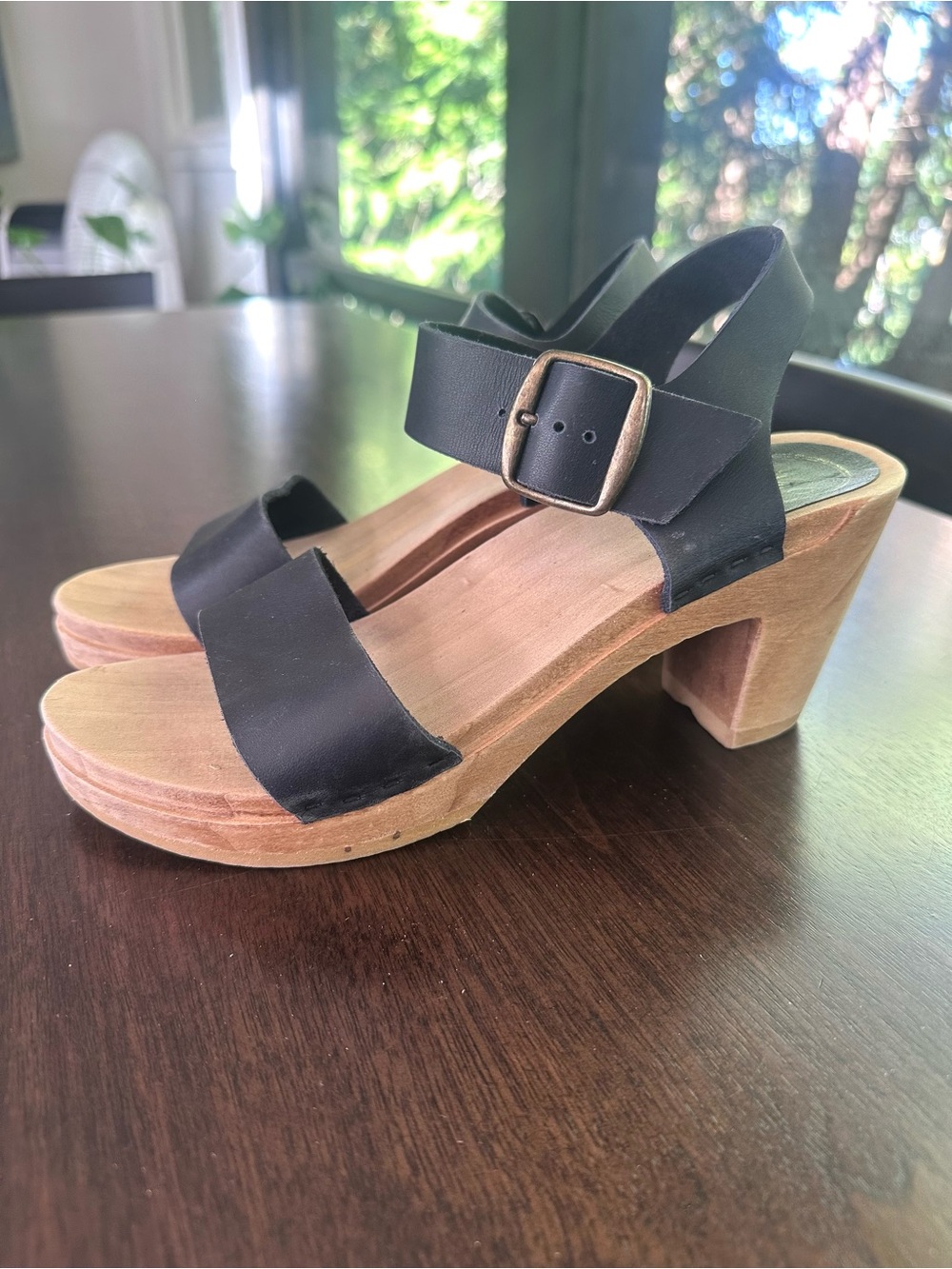 No. 6 Black 2 Strap Leather Ankle Strap Wood Heel Sandals Clogs 38 8